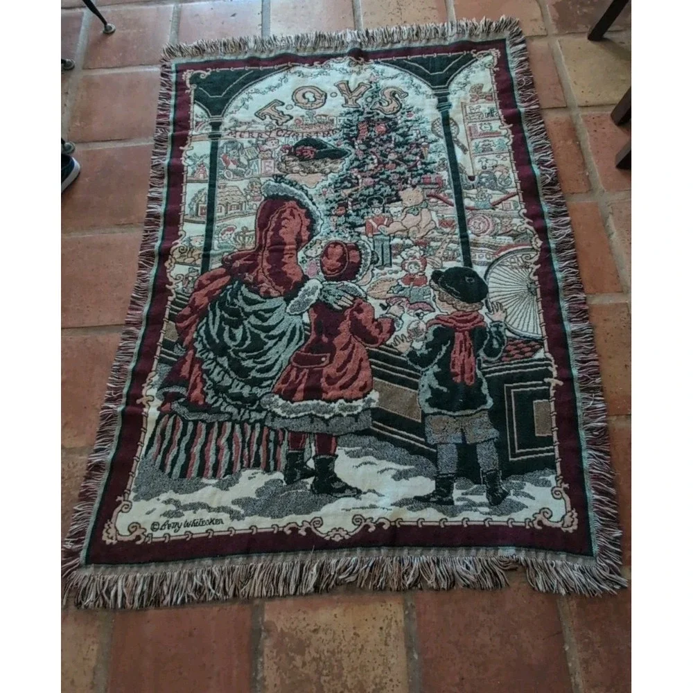 Fieldcrest Antique Toy Shop Throw Blanket Holiday Christmas Santa Tapestry